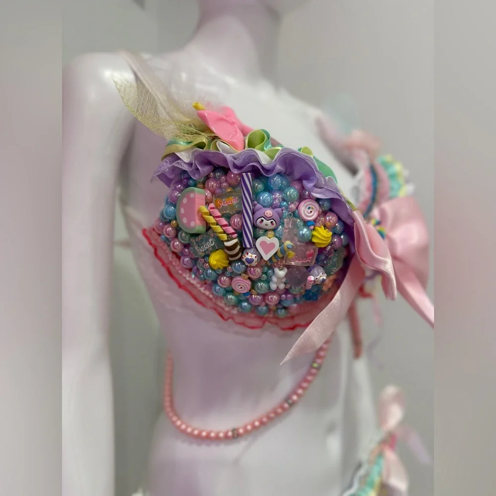 Candy Rave Festival Costume Bra Set D-DD, XS thong - Picture 6 of 12